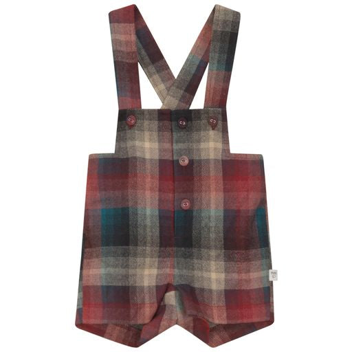 Pompomme Blue/Brick Button Detail Plaid Overall