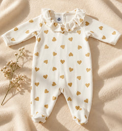 Petit Bateau – Gold Heart Print Footie with Ruffled Collar | White / Gold