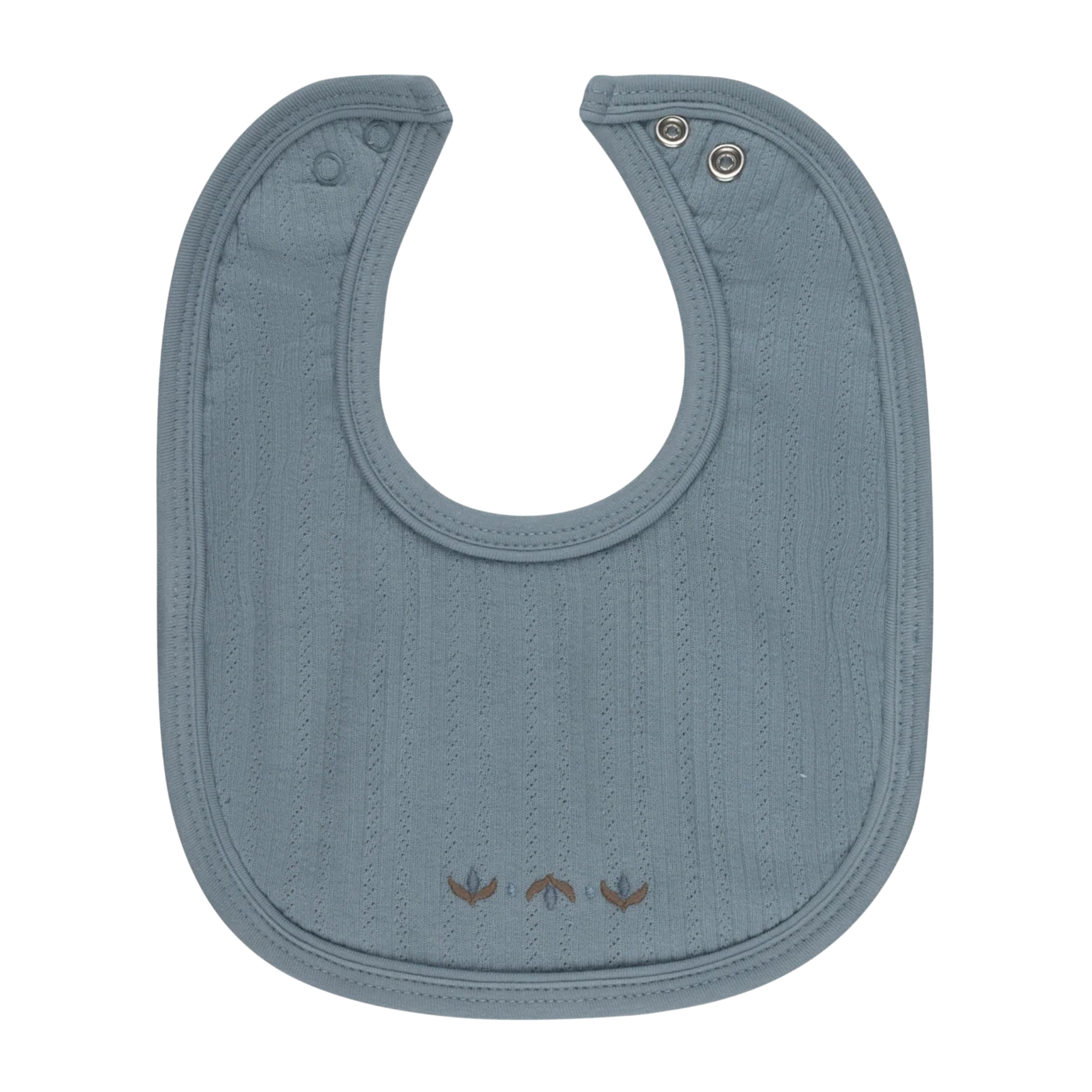 Blue baby bib with embroidered details on a white background