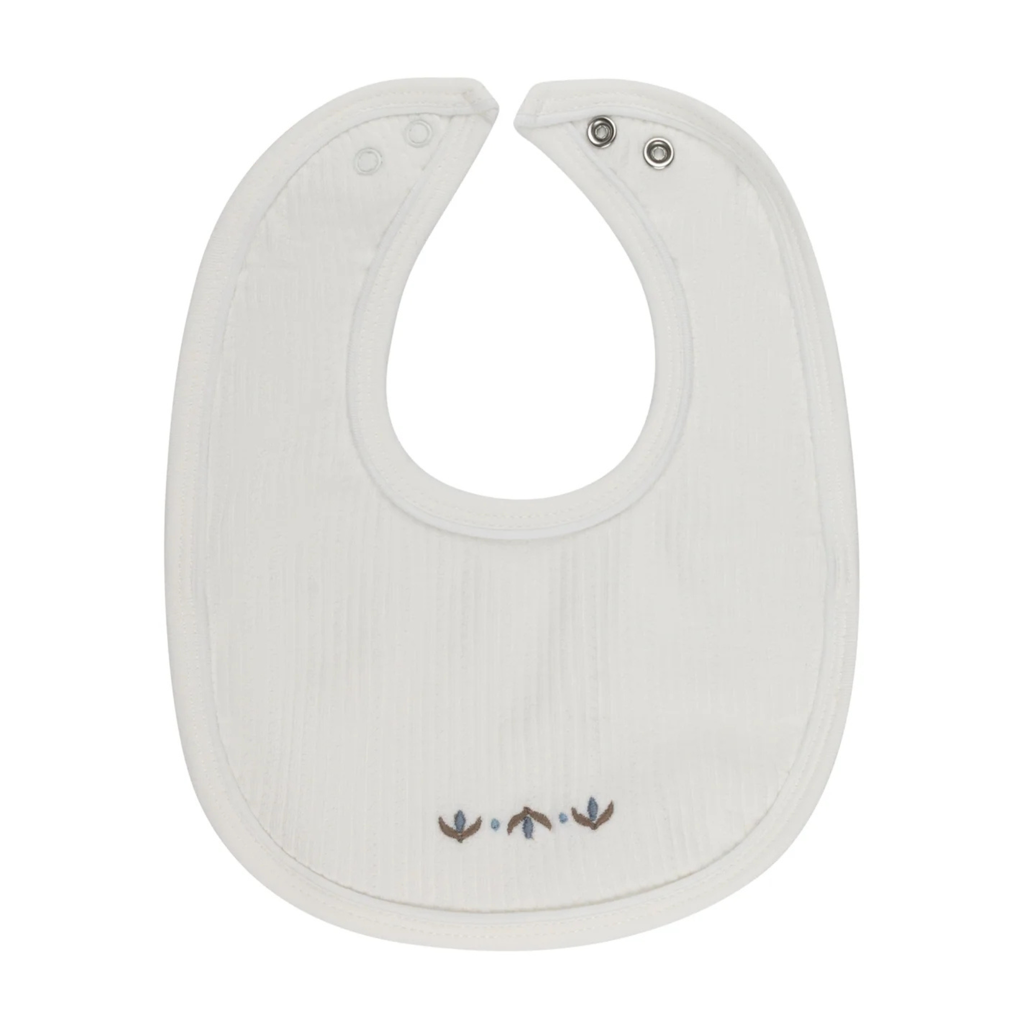 White baby bib with embroidered design on a white background