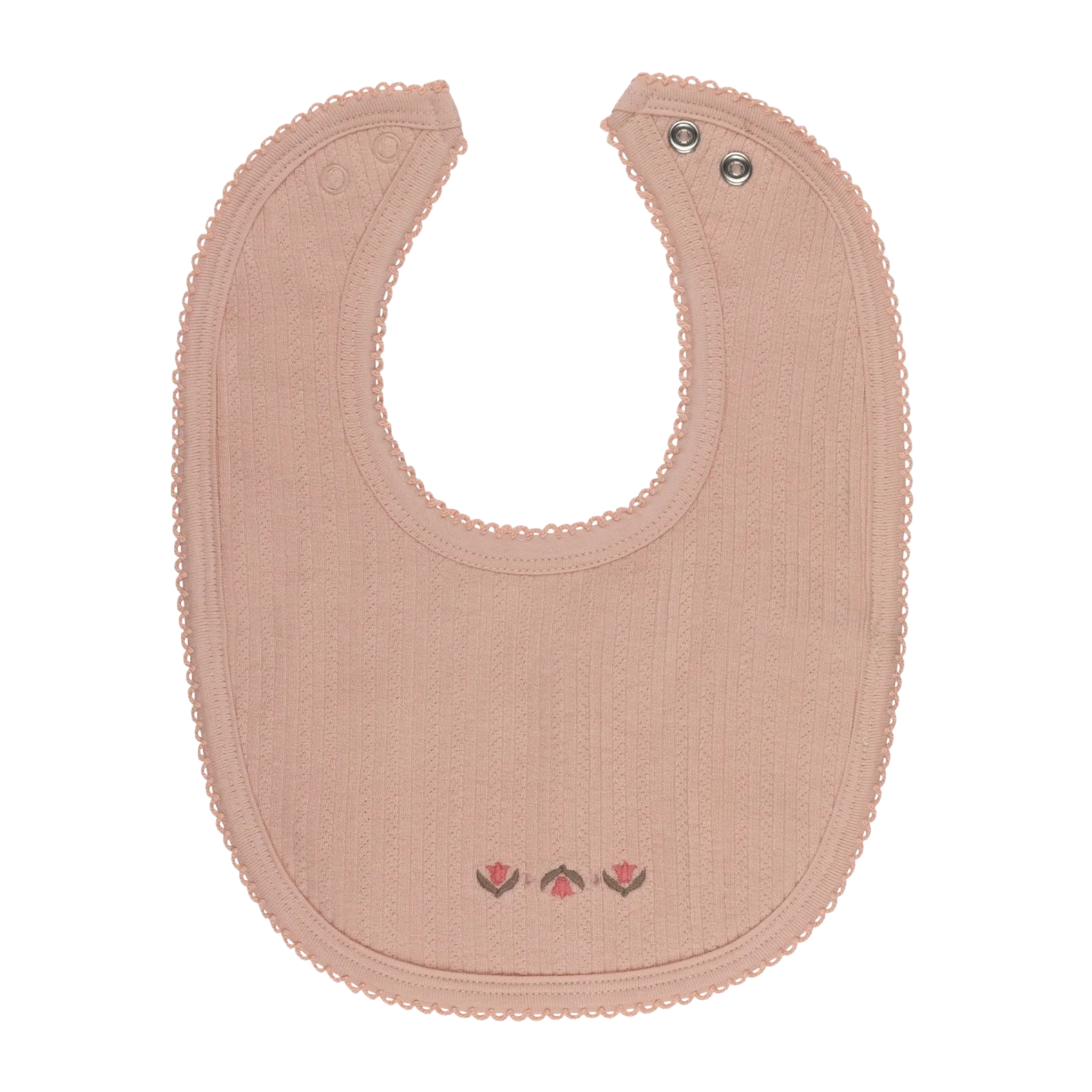 Pink baby bib with embroidered design on a white background