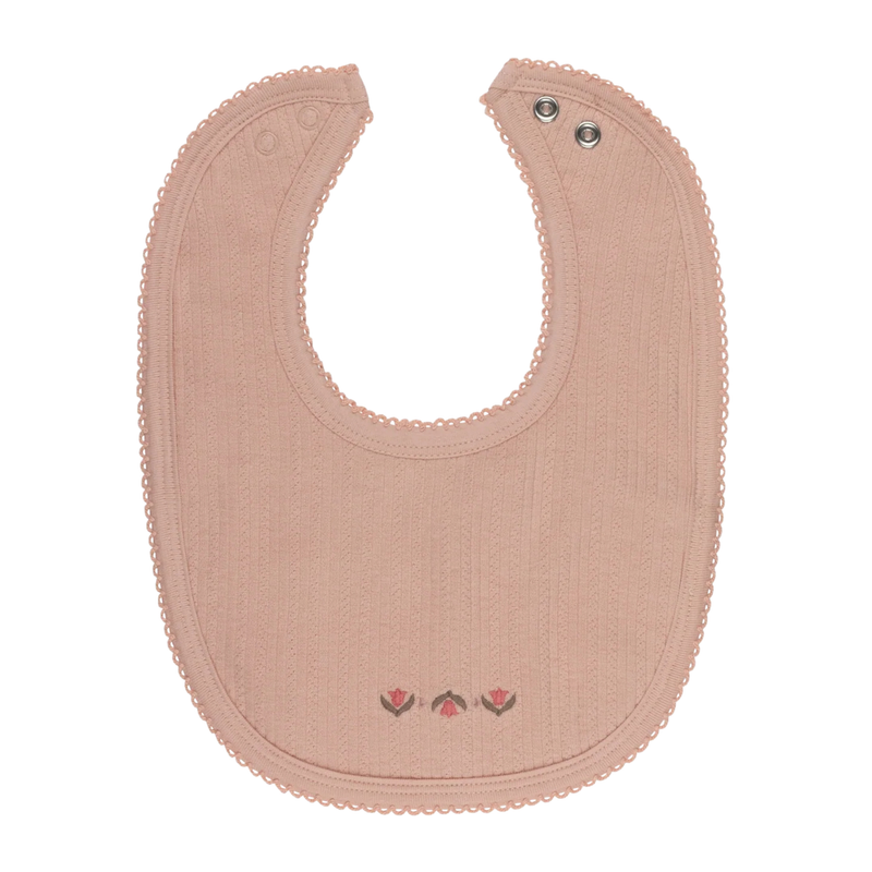 Pink baby bib with embroidered design on a white background