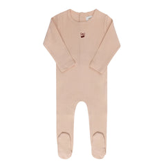 A delicate Ely’s & Co. Pointelle Bow Print Footie in a soft pink hue, showcasing the intricate textured knit and minimalist bow pattern.