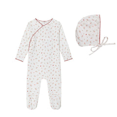 Mini Label Girls Cream Heart Printed Kimono Footie + Bonnet