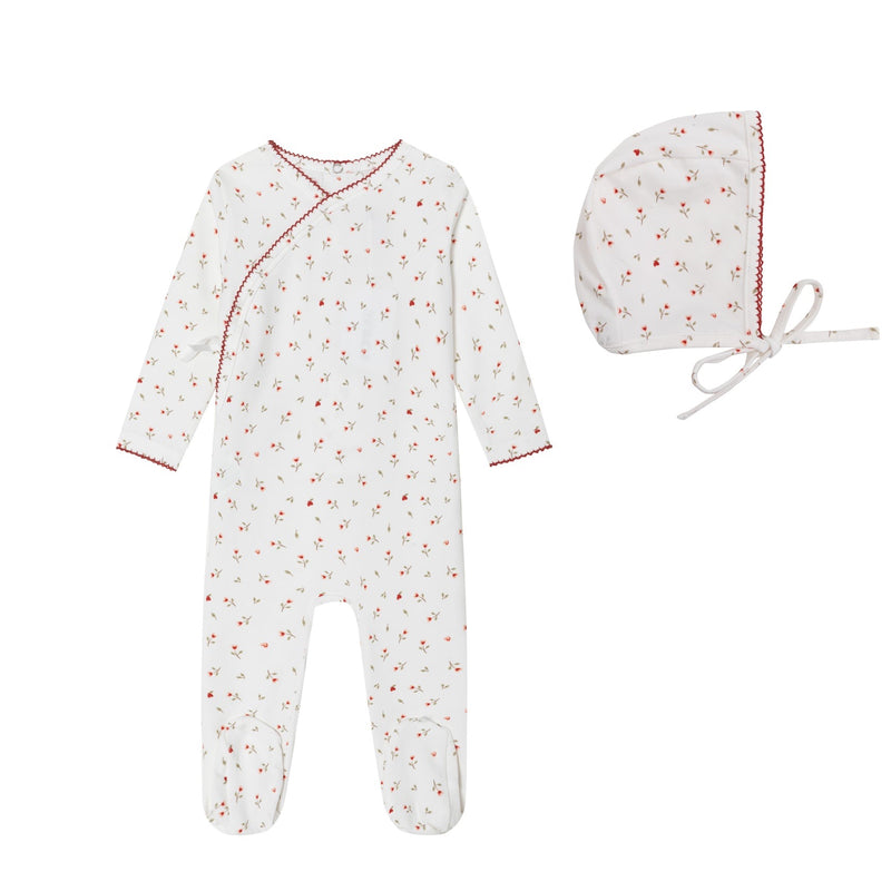 Mini Label Girls Cream Heart Printed Kimono Footie + Bonnet