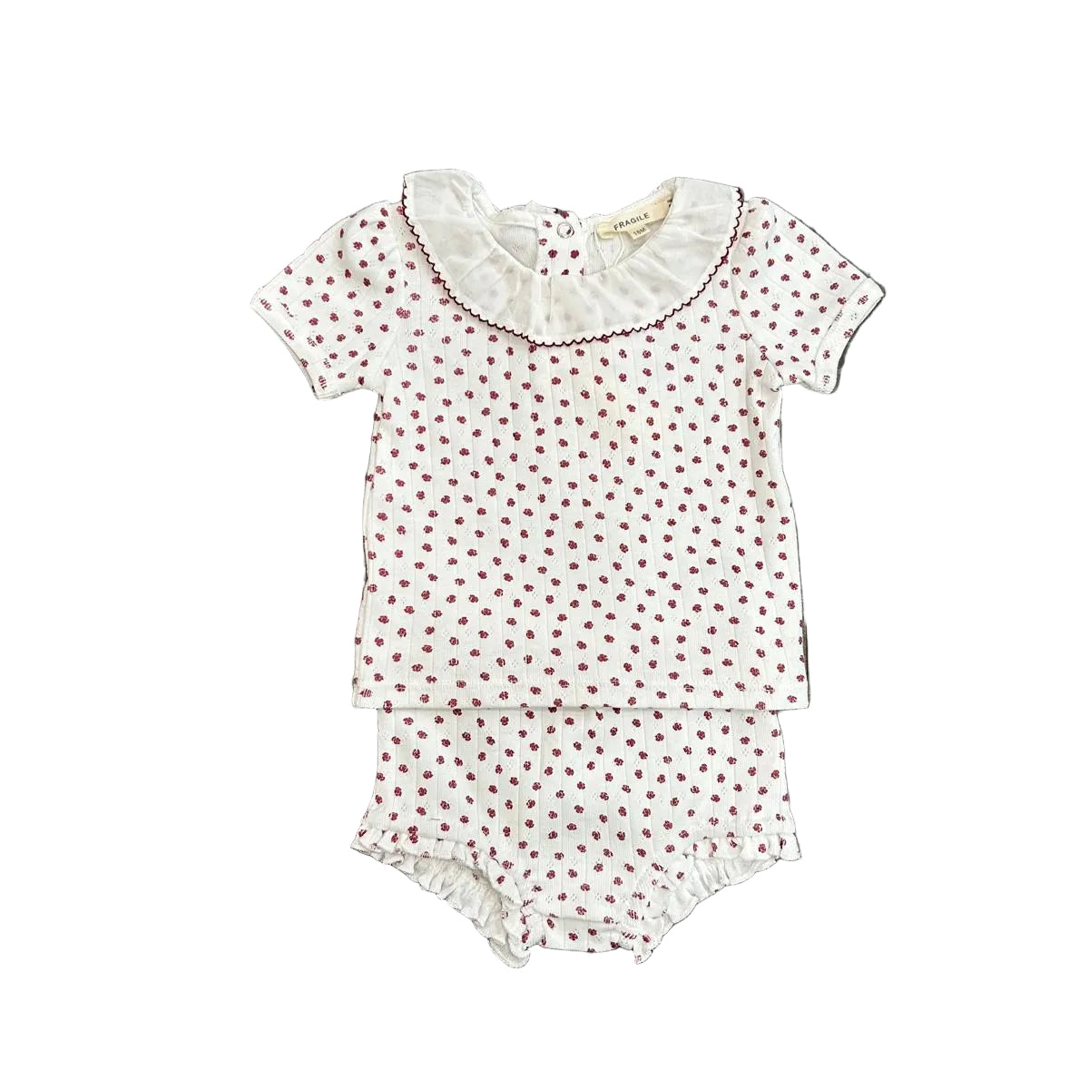 Fragile  - Baby Pointelle With Flower Print 2 PCS Short Set With Ruffle Collar