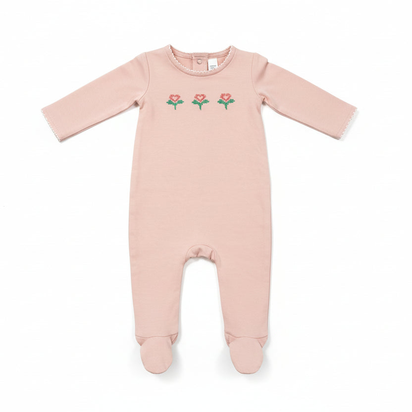 Maniere - Embroidered Flower Footie & Beanie
