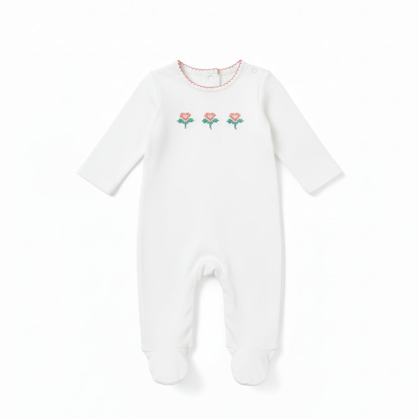 Maniere - Embroidered Flower Footie & Beanie