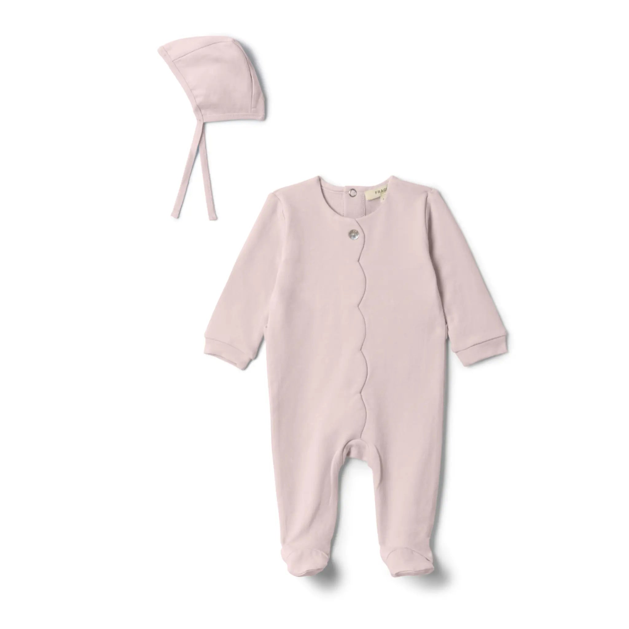 Fragile Baby Pink Scallop Trim Footie and Beanie Set Boutique Designer Elegant Organic Cotton Newborn Outfit