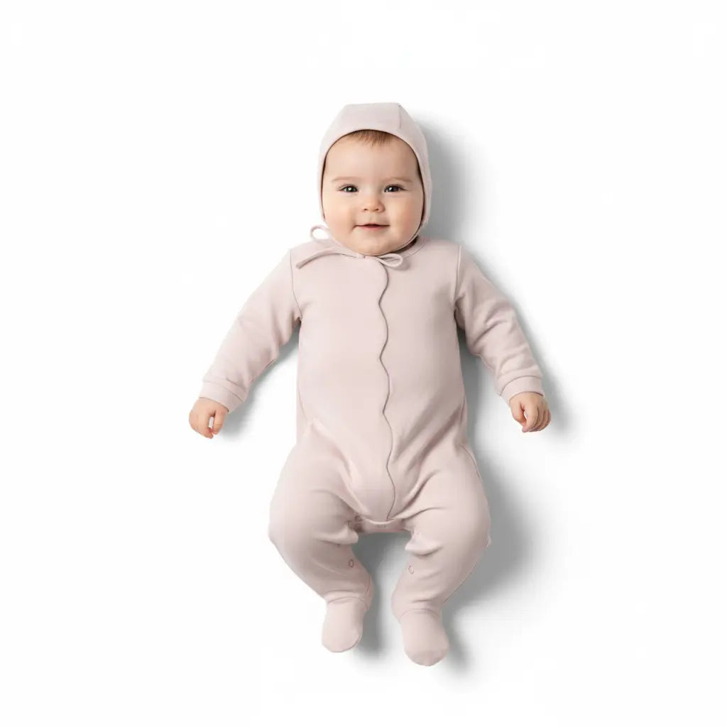 Baby in a pink onesie with a hood on a white background
