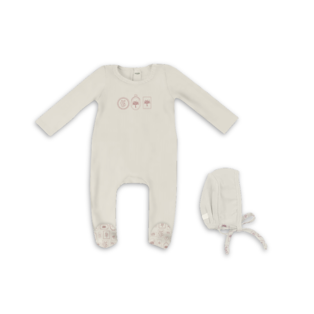 Keepsake Girls Embroidery Footie and Round Bonnet Soft Cotton Baby Outfit Embroidered Detail