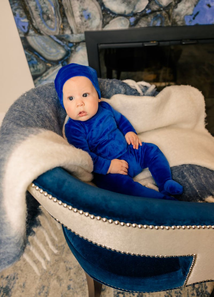 Little Label Blue Velour Embroidered Footie + Hat