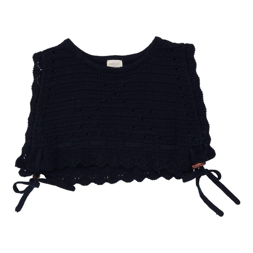 Black crochet top with scalloped edges and tie details on a white background