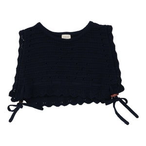 Black crochet top with scalloped edges and tie details on a white background