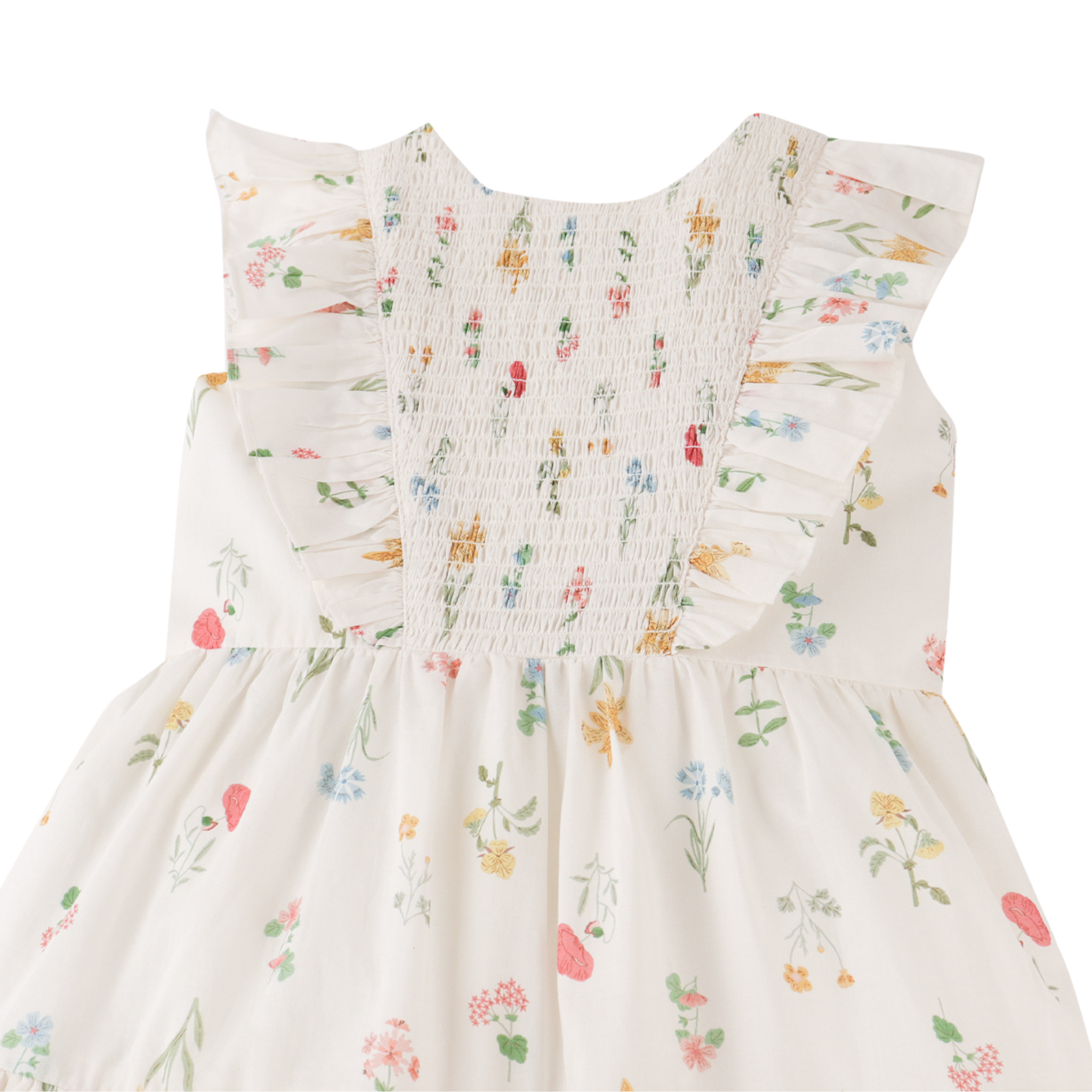 White dress with colorful floral pattern on a white background