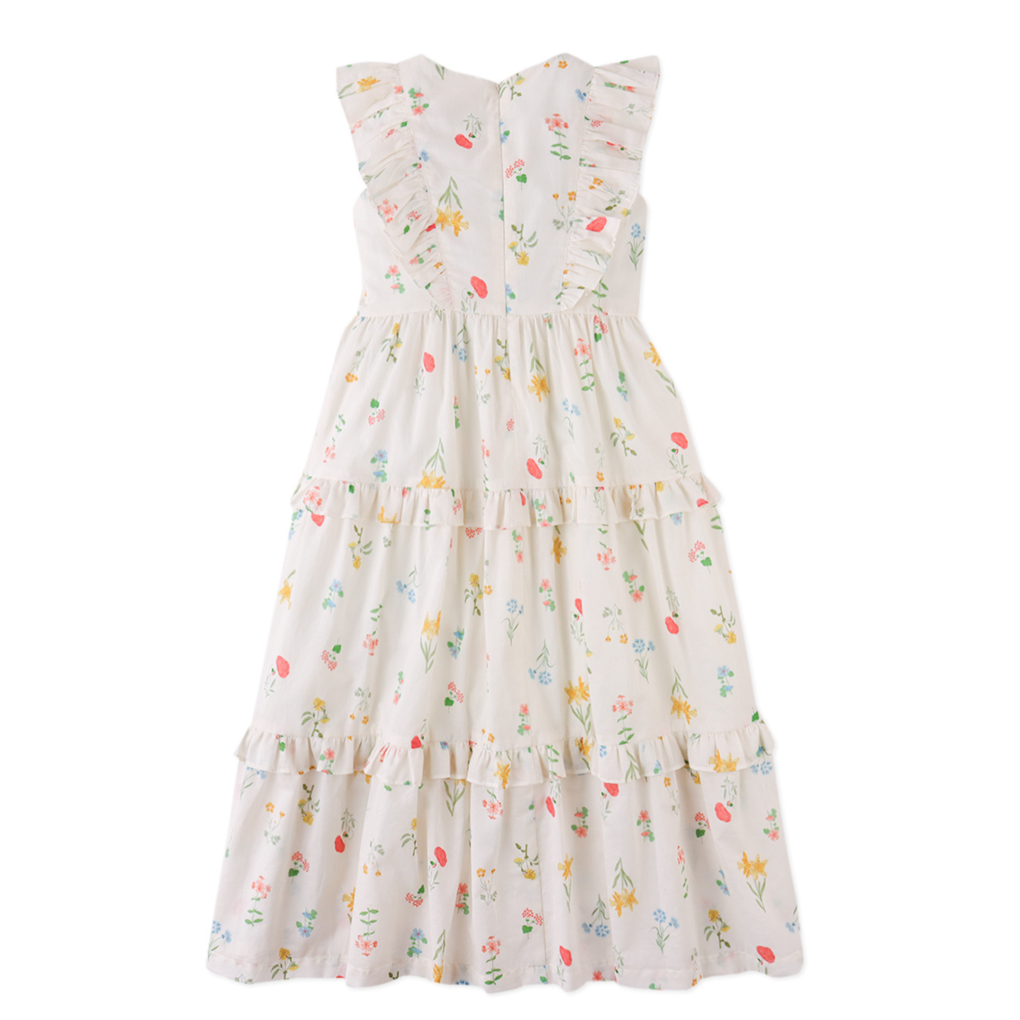 White dress with colorful floral pattern on a white background