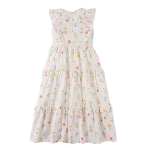 White dress with colorful floral pattern on a white background