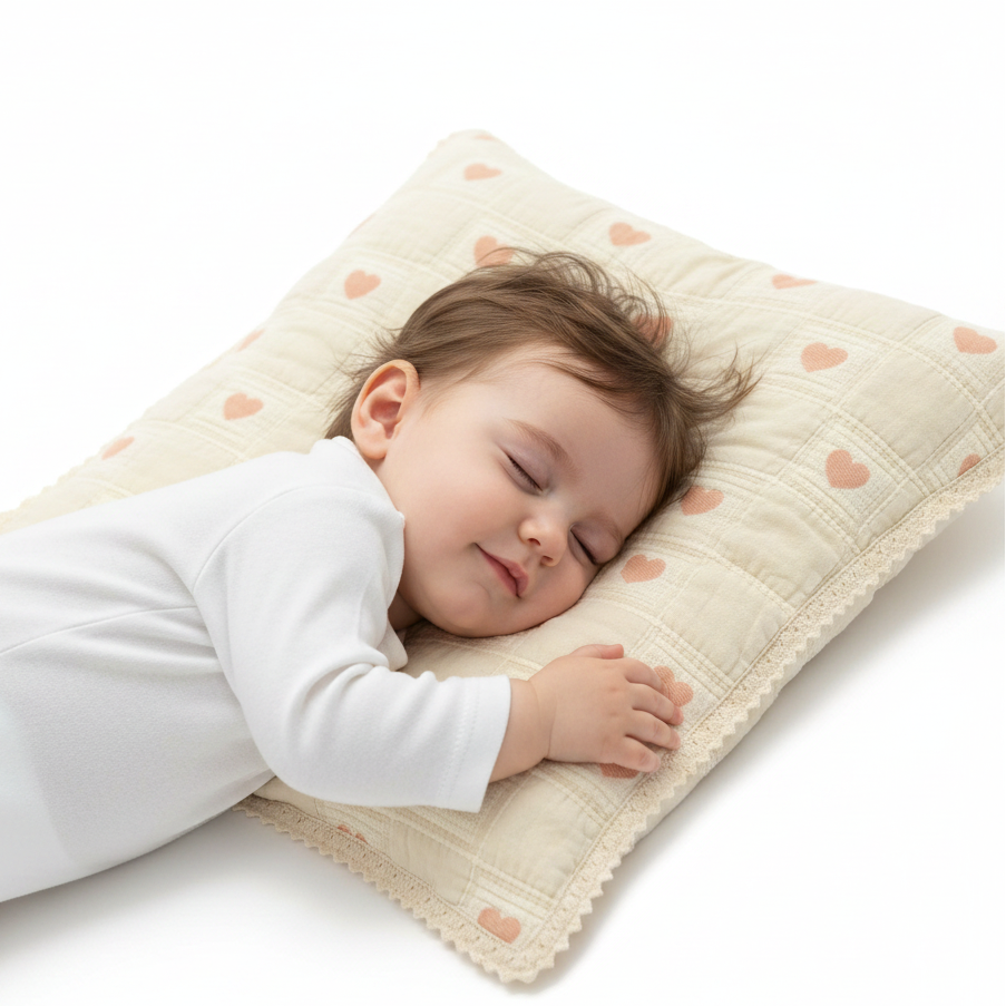 Child sleeping on a heart-patterned pillow with a white background