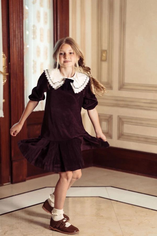 Pompomme Cocoa Scallop Collar Shirt Dress