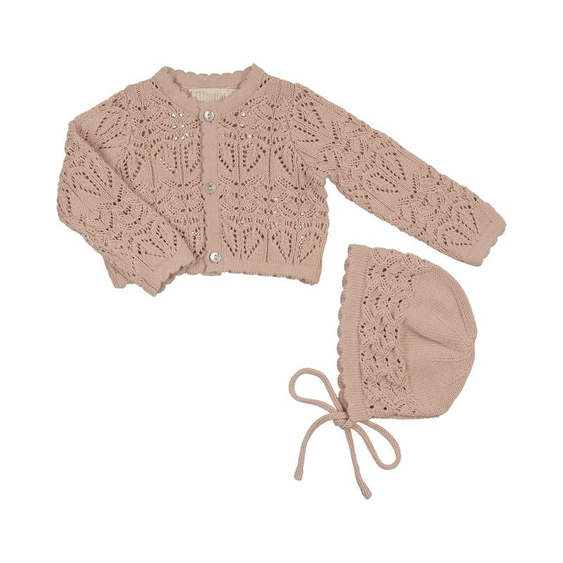 Peluche Bebe – Eyelet Knit Cropped Cardigan & Bonnet Set