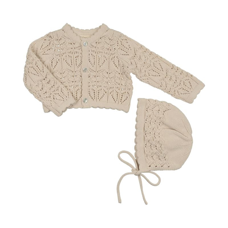 Peluche Bebe – Eyelet Knit Cropped Cardigan & Bonnet Set