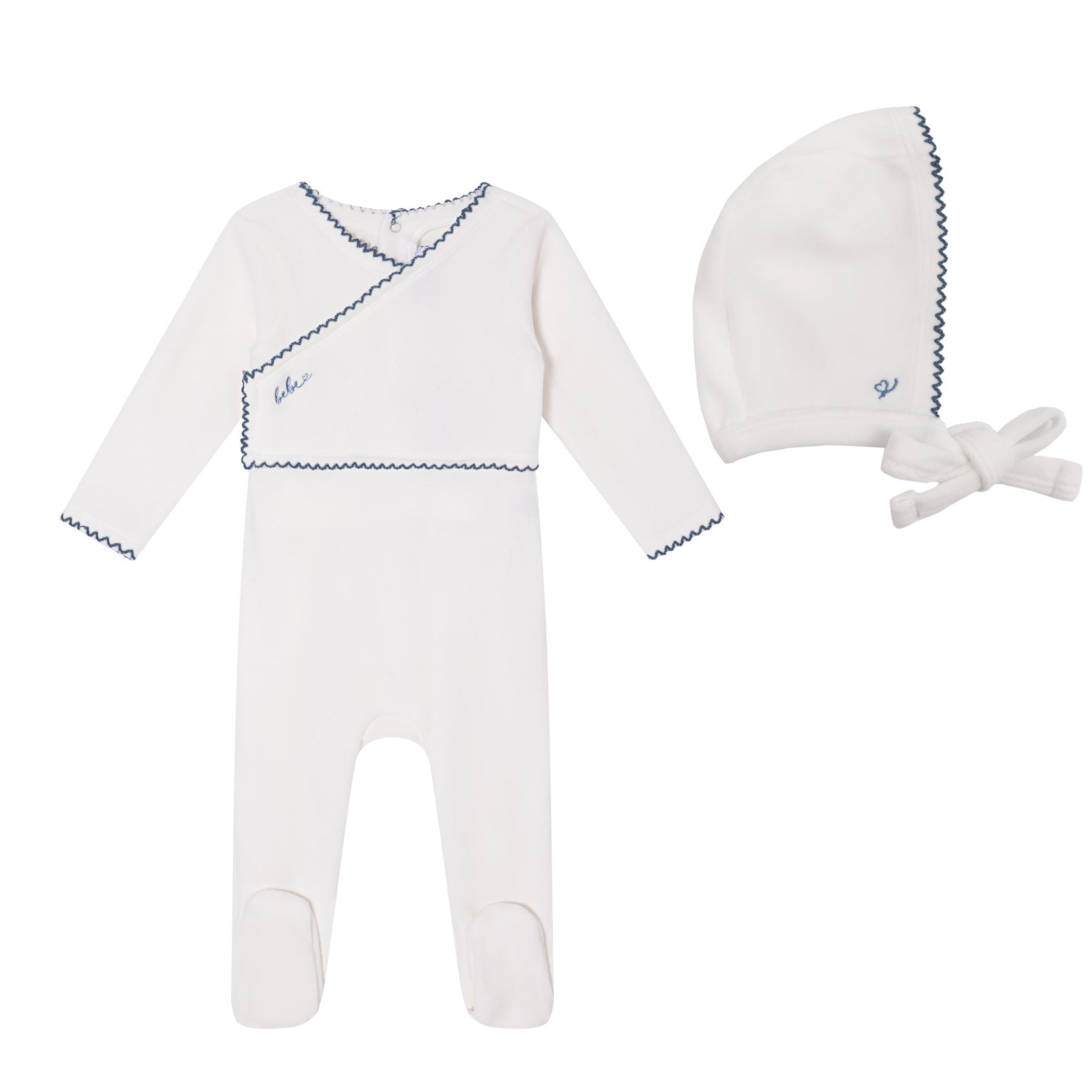 Mini Label Boys White Classic Velour Footie + Bonnet