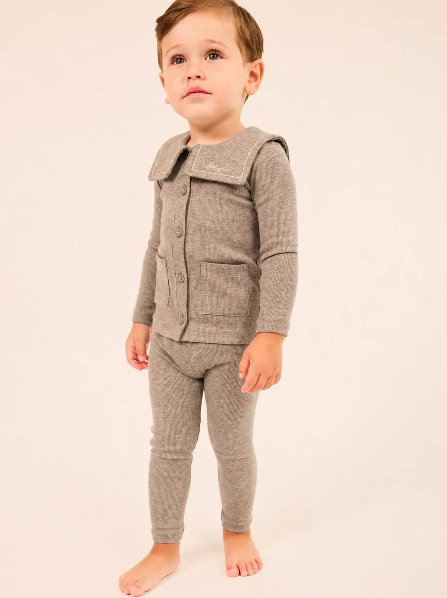 Little Parni – Embroidered Collar Cardigan Set | Grey