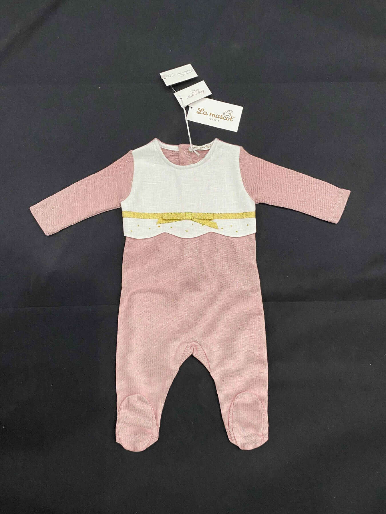 La Mascot Scallop Knit Ribbon Bow Design Footie (Mauve-White-Gold)