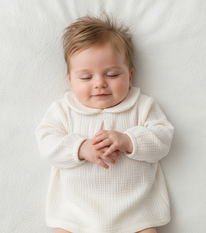 Baby wearing a white outfit lying on a white surface