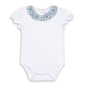 White baby bodysuit with floral collar on a white background