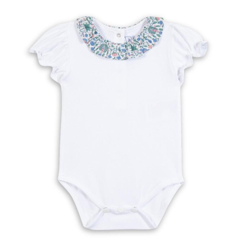 White baby bodysuit with floral collar on a white background