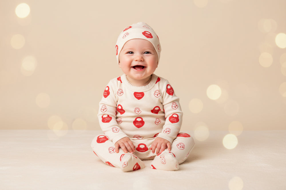 Baby onesie with red patterns on a wooden floor