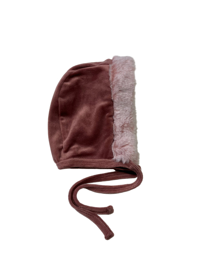 Little lux velour/ fur trim bonnet
