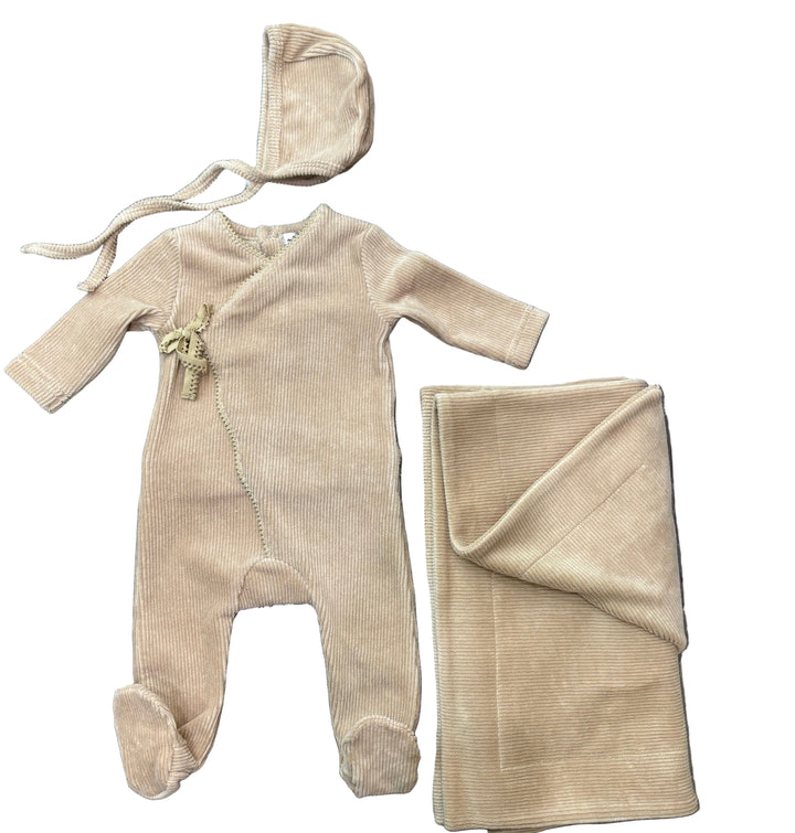 Little Lux Ribbed Picot Trim Velour 3pc Set Footie+Bonnet Blanket
