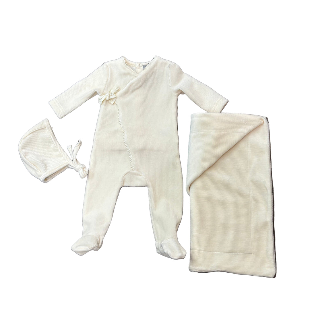 Little Lux Ribbed Picot Trim Velour 3pc Set Footie+Bonnet Blanket