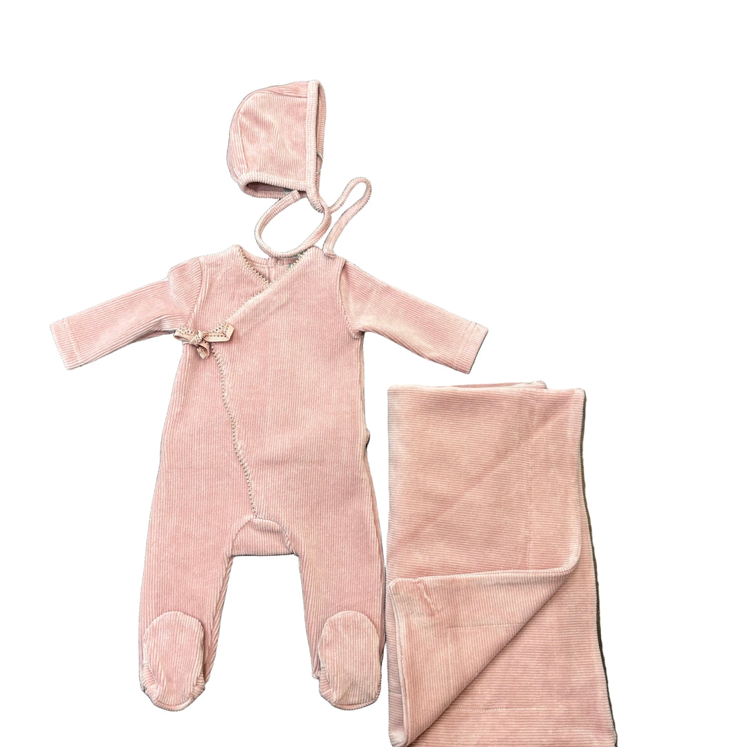 Little Lux Ribbed Picot Trim Velour 3pc Set Footie+Bonnet Blanket