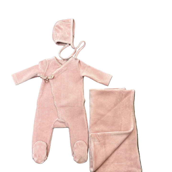 Little Lux Ribbed Picot Trim Velour 3pc Set Footie+Bonnet Blanket