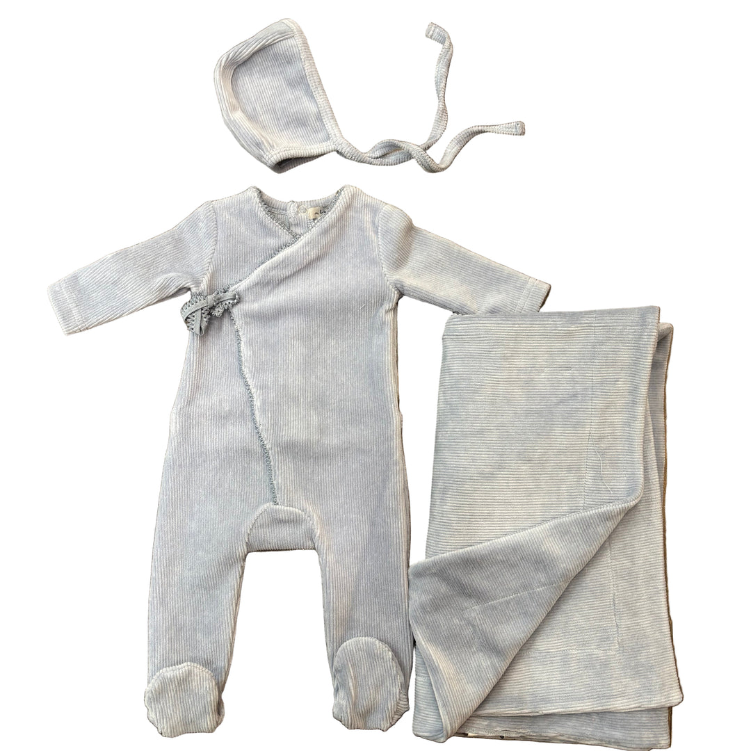 Little Lux Ribbed Picot Trim Velour 3pc Set Footie+Bonnet Blanket