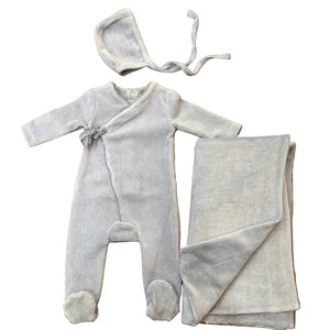 Little Lux Ribbed Picot Trim Velour 3pc Set Footie+Bonnet Blanket