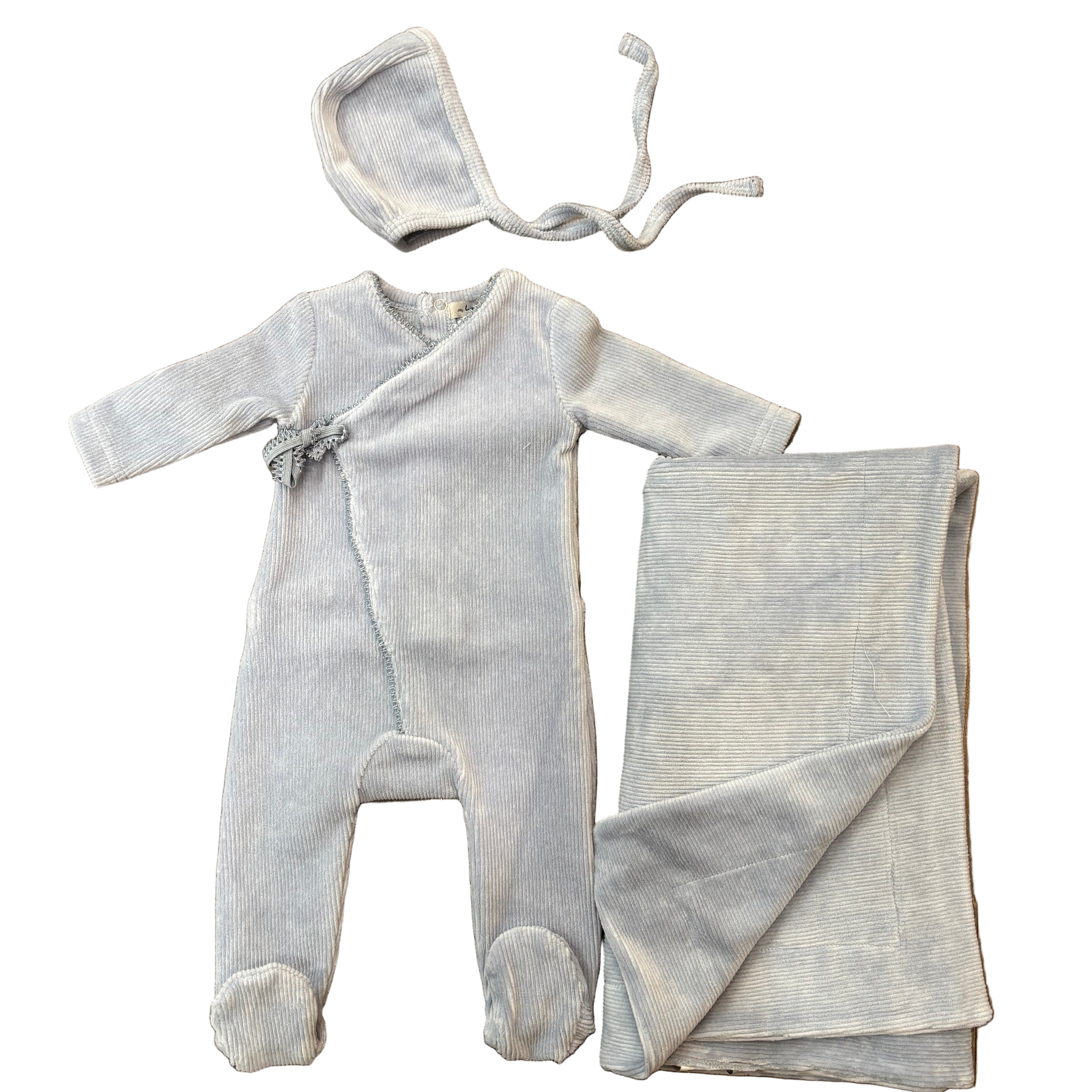 Little Lux Ribbed Picot Trim Velour 3pc Set Footie+Bonnet Blanket