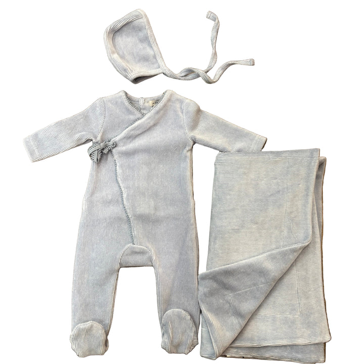 Little Lux Ribbed Picot Trim Velour 3pc Set Footie+Bonnet Blanket