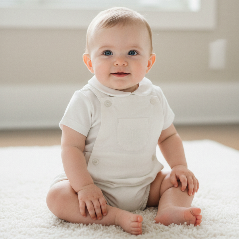 Baby sitting on a white rug in a bright room