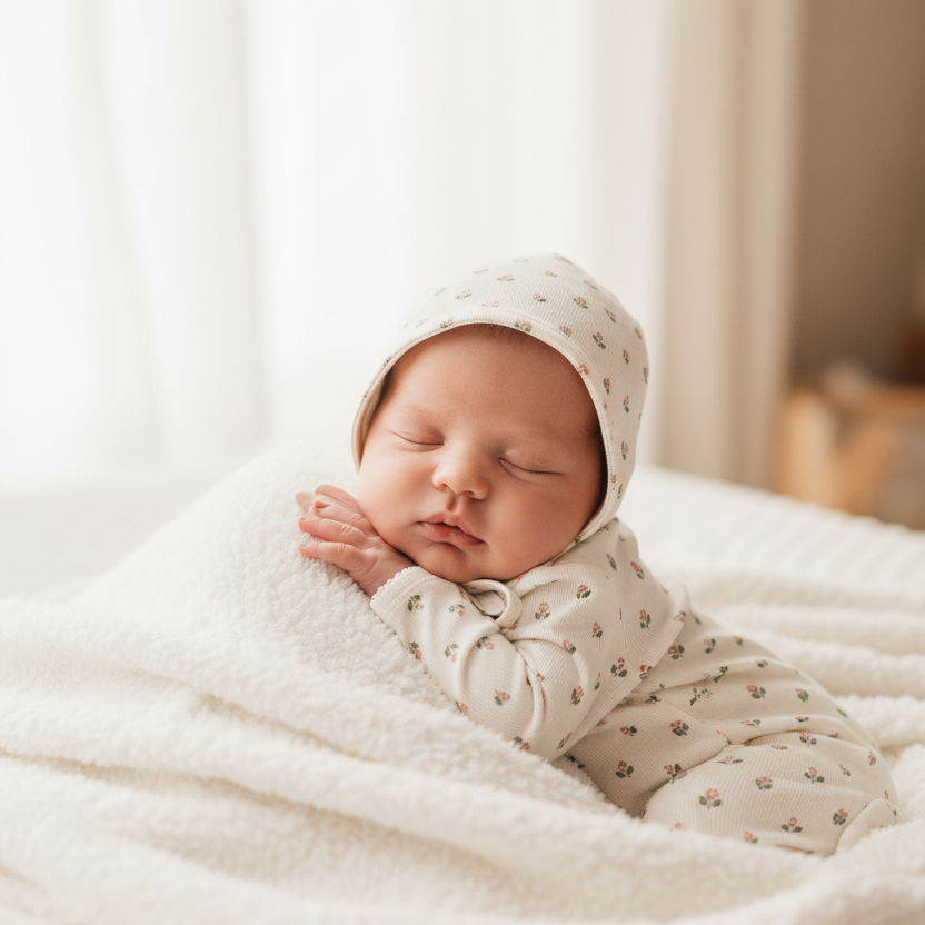 Newborn baby wrapped in a white blanket with a soft focus background