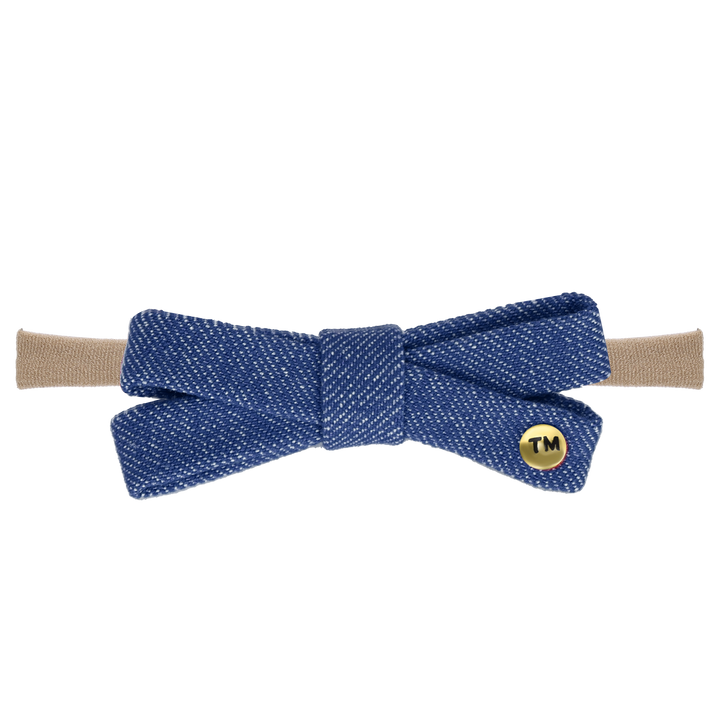 DENIM COLORED EMBROIDERY BABY BOW NYLON HEADBAND