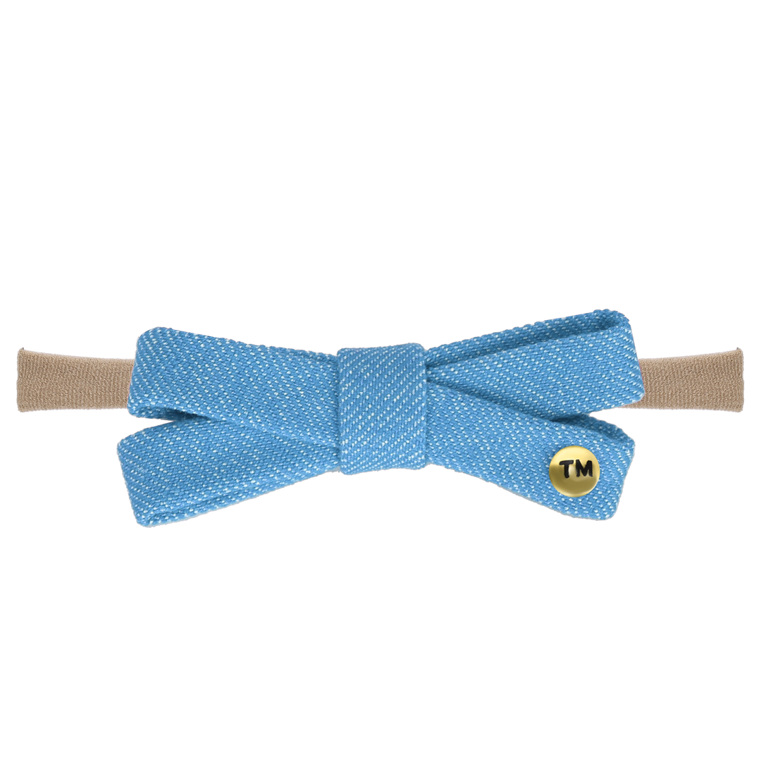 DENIM COLORED EMBROIDERY BABY BOW NYLON HEADBAND