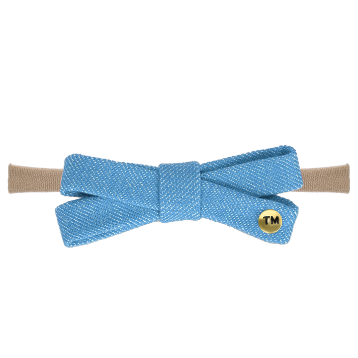 DENIM COLORED EMBROIDERY BABY BOW NYLON HEADBAND