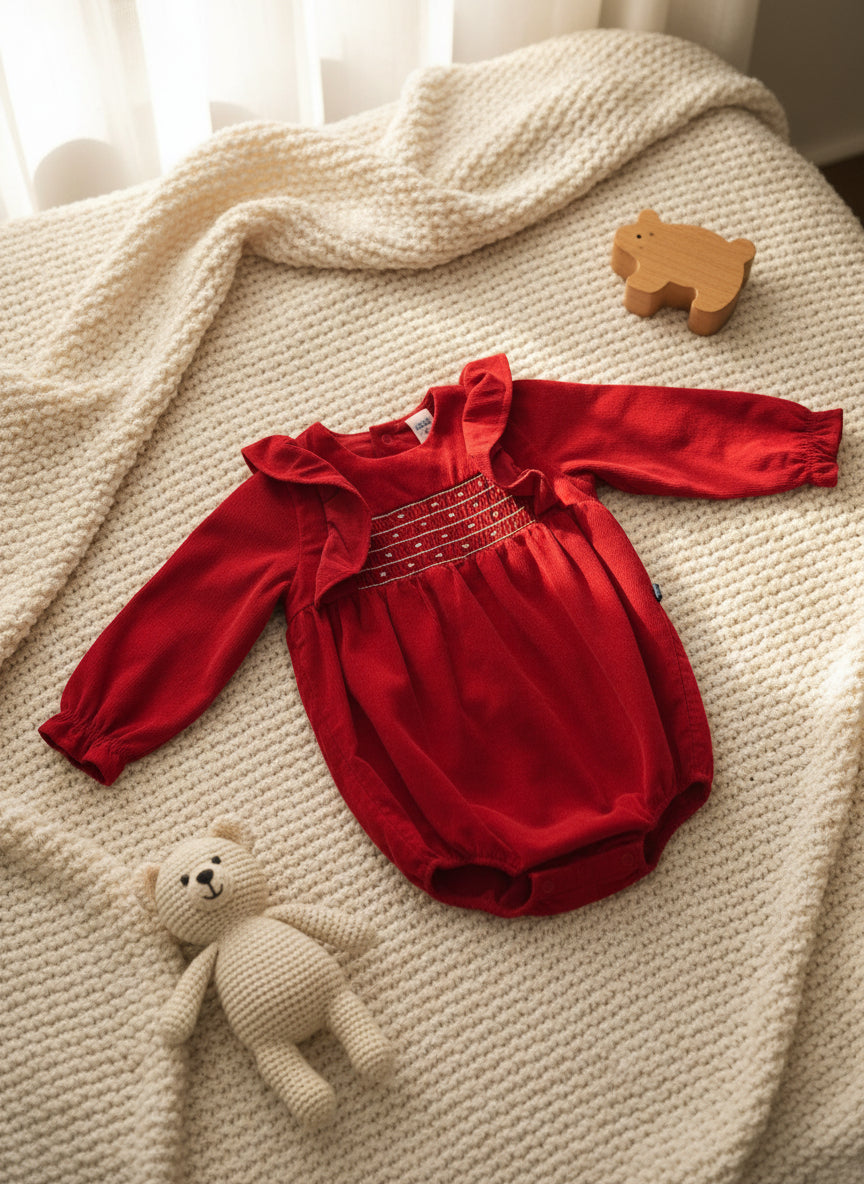 Babies' short corduroy playsuit with smocking and ruffles
