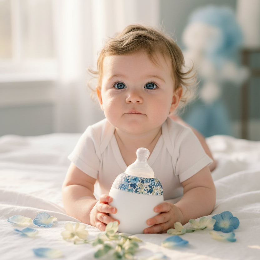 White baby bottle with floral patterned cover on a white background