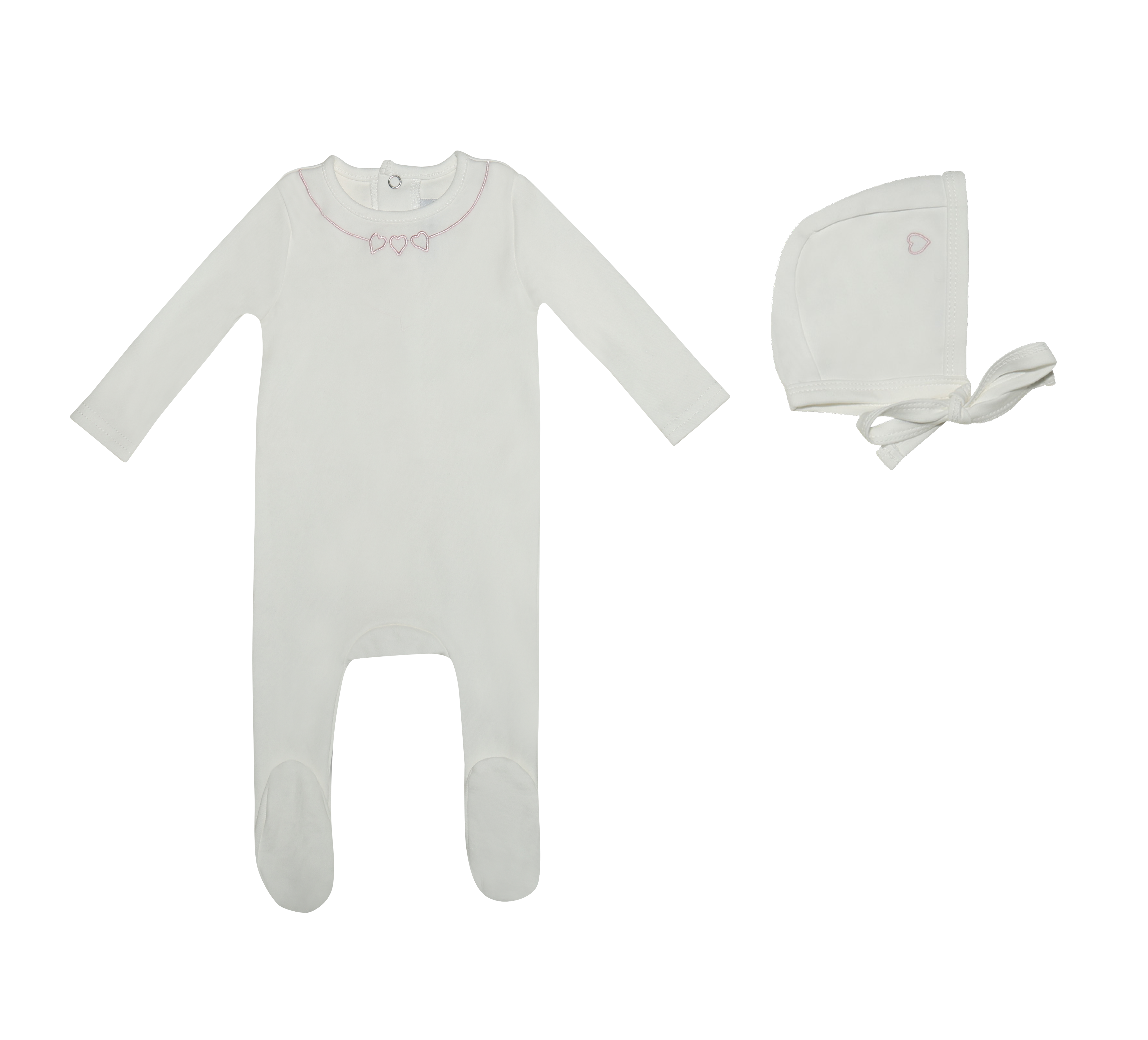 Mini Label Girls White Mini Embroidered Hearts Footie + Hat