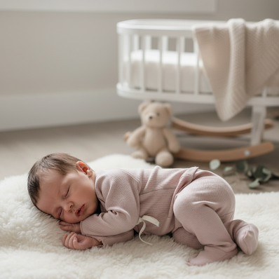 Newborn baby sleeping on a white blanket in a nursery with a teddy bear and crib in the background.